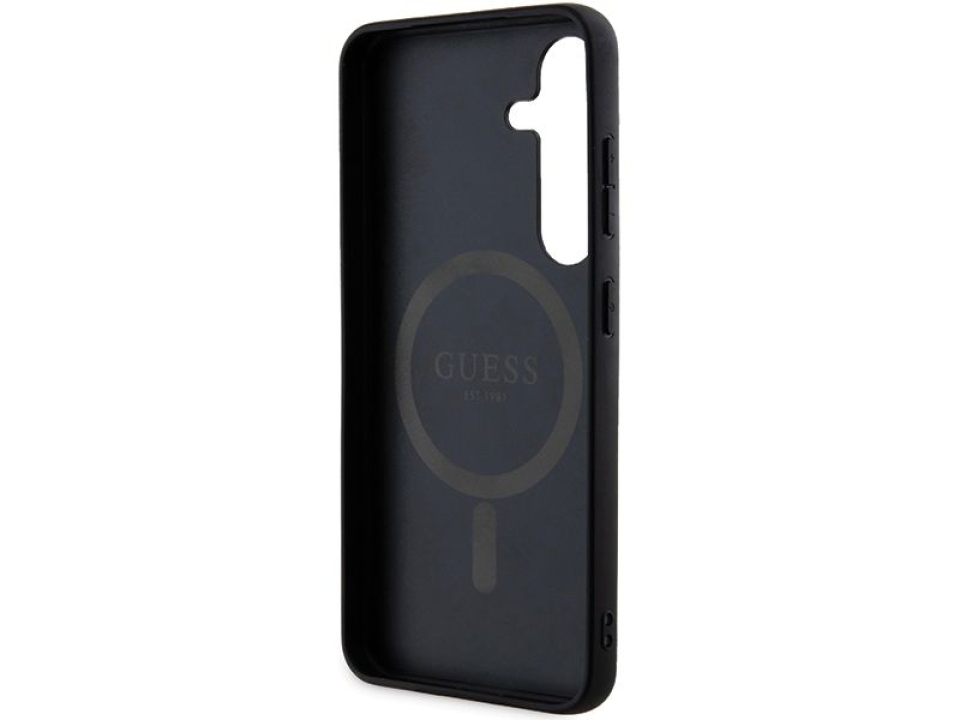 Capa Guess 4G Collection em couro com logotipo metálico e MagSafe para Samsung Galaxy S24+ - Preta