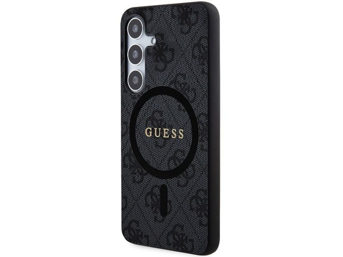 Capa Guess 4G Collection em couro com logotipo metálico e MagSafe para Samsung Galaxy S24+ - Preta