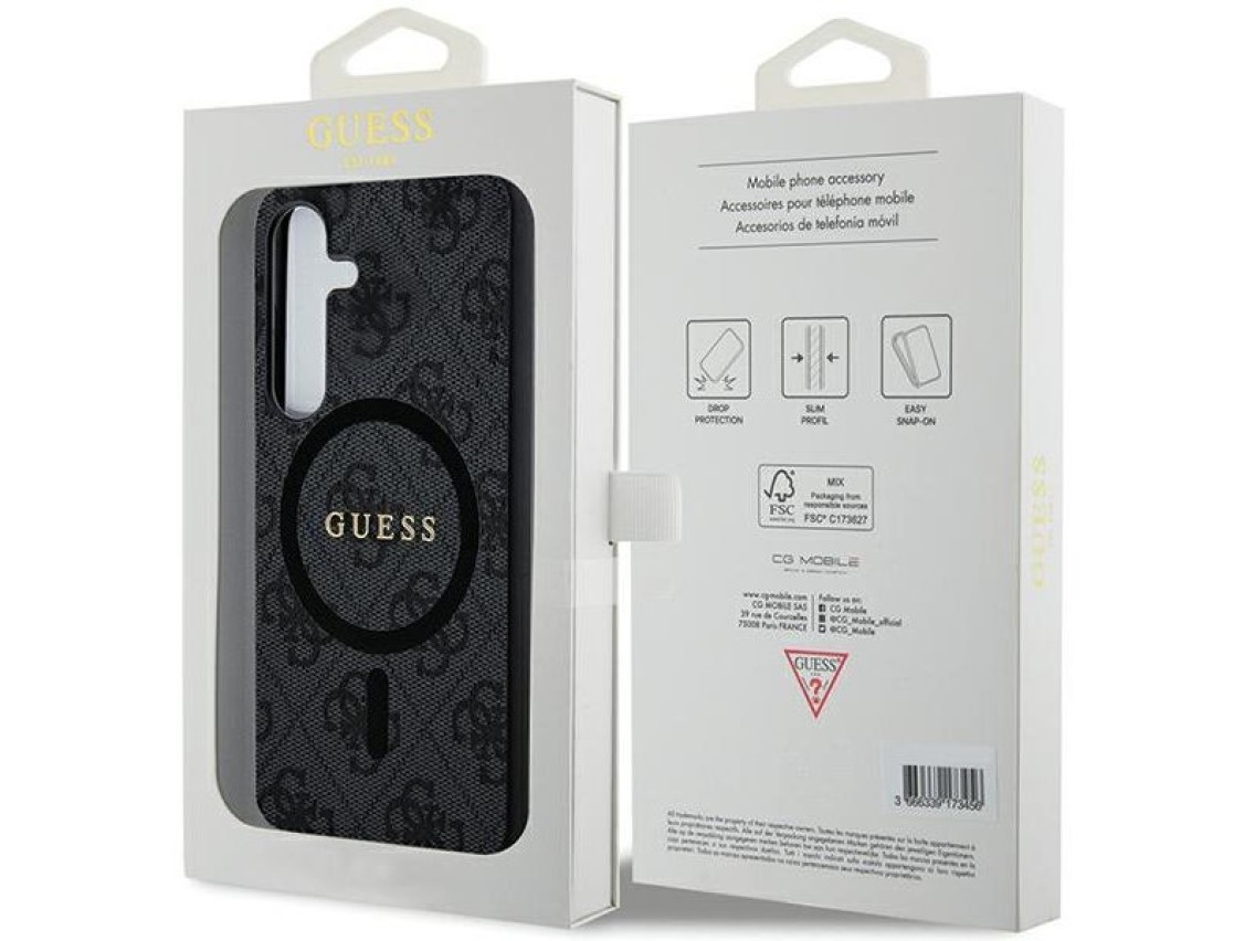 Capa Guess 4G Collection em couro com logotipo metálico e MagSafe para Samsung Galaxy S24+ - Preta