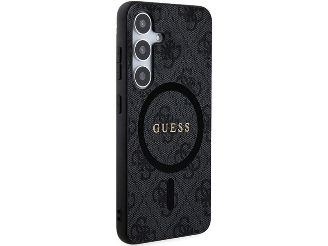 Capa Guess 4G Collection em couro com logotipo metálico e MagSafe para Samsung Galaxy S24+ - Preta