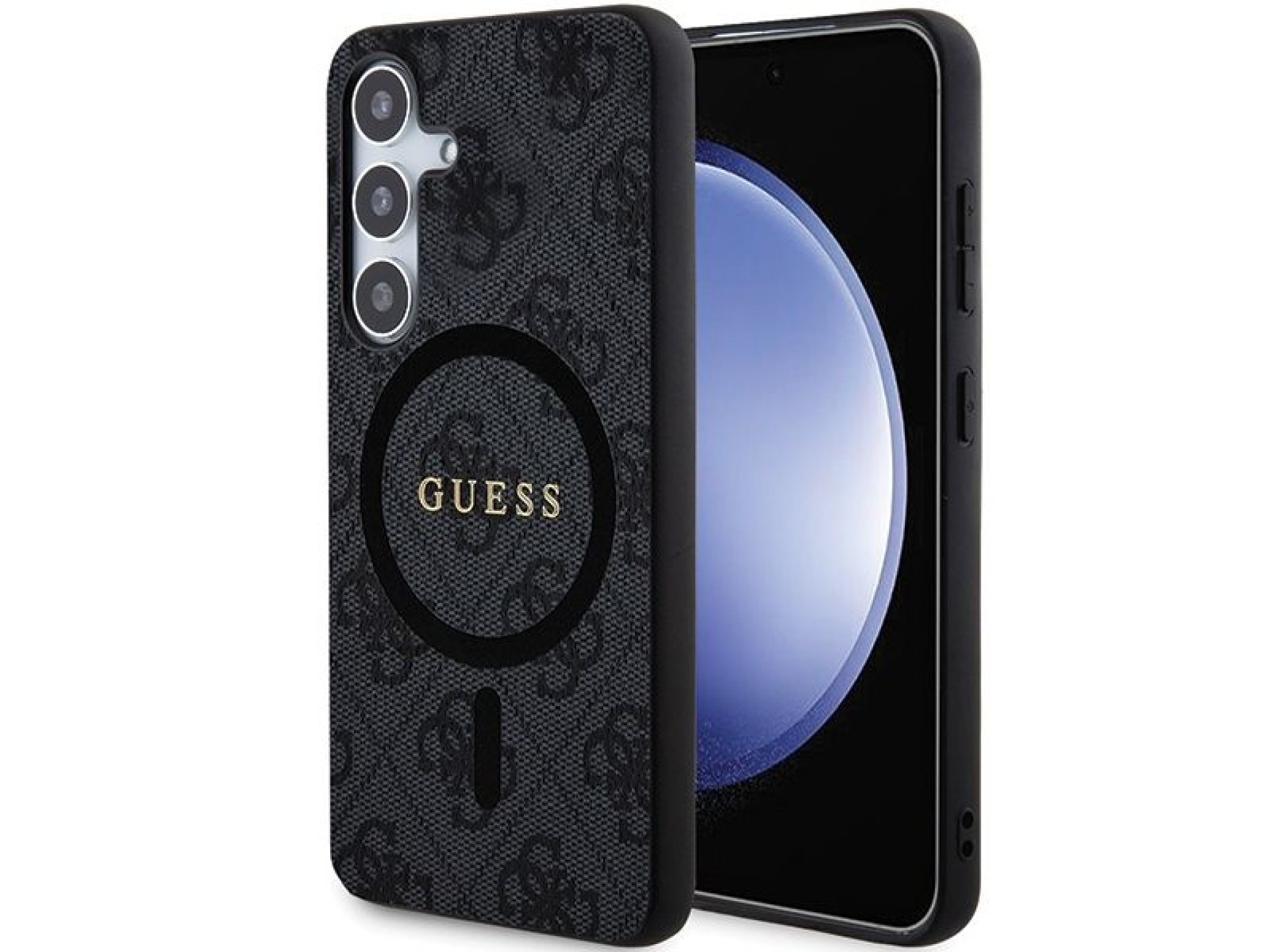 Capa Guess 4G Collection em couro com logotipo metálico e MagSafe para Samsung Galaxy S24+ - Preta