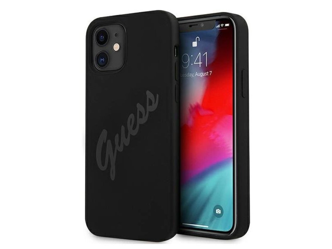 Capa rígida preta/preta Guess GUHCP12SLSVSBK para iPhone 12 mini 5.4" com estampa vintage.