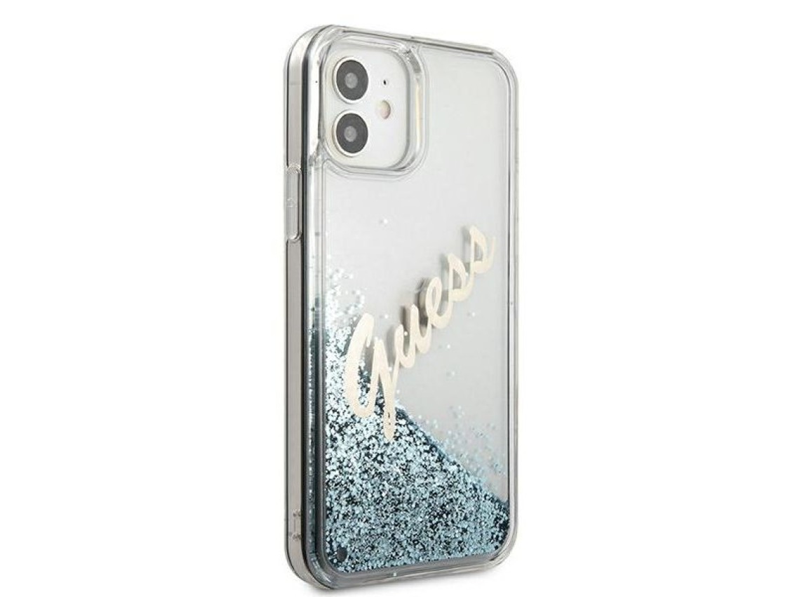 Capa r�gida azul/azul com glitter e escrita vintage da Guess (GUHCP12SGLVSBL) para iPhone 12 mini de