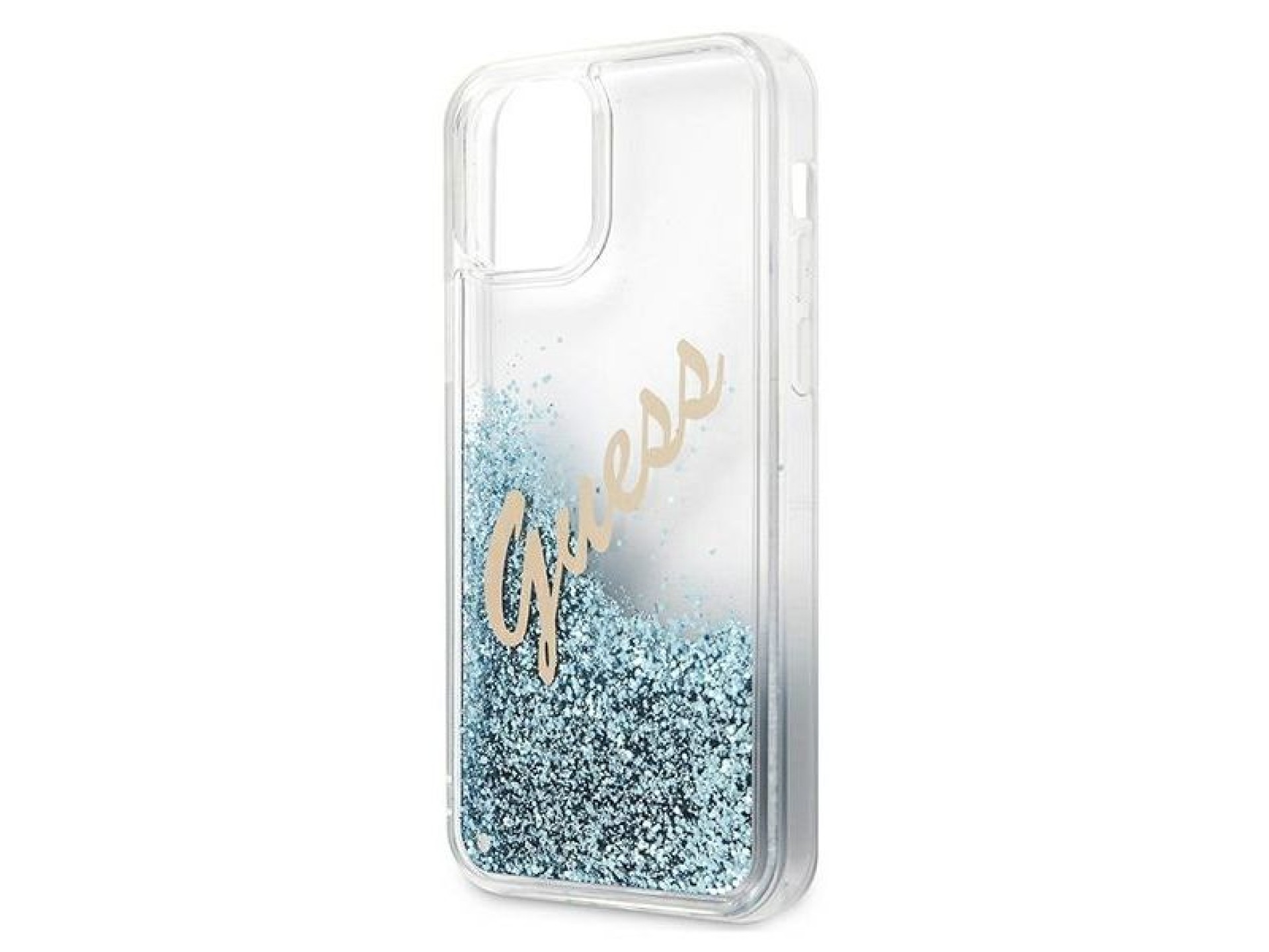 Capa rígida azul/azul com glitter e escrita vintage da Guess (GUHCP12SGLVSBL) para iPhone 12 mini de