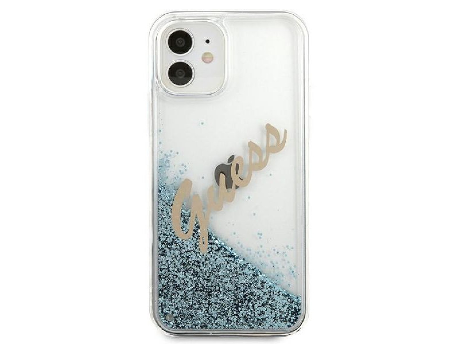 Capa rígida azul/azul com glitter e escrita vintage da Guess (GUHCP12SGLVSBL) para iPhone 12 mini de