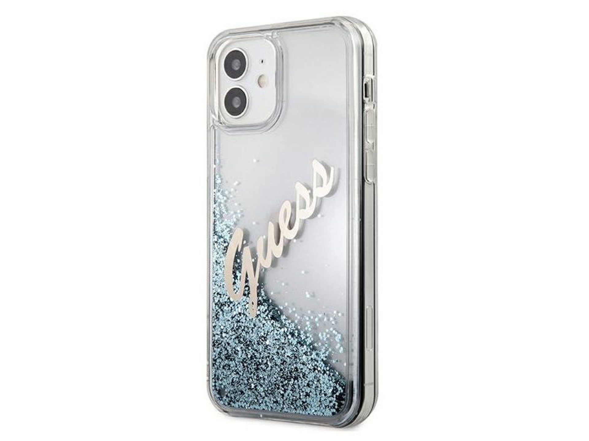 Capa rígida azul/azul com glitter e escrita vintage da Guess (GUHCP12SGLVSBL) para iPhone 12 mini de