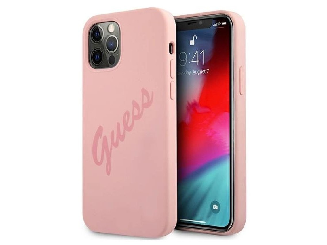 Funda rígida rosa Guess GUHCP12LLSVSPI para iPhone 12 Pro Max de 6,7" con diseño vintage.