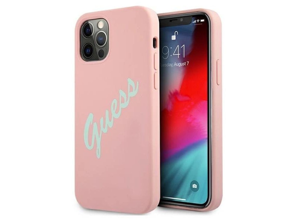 Capa r�gida de silicone vintage Guess GUHCP12MLSVSPG para iPhone 12/12 Pro 6.1" nas cores verde-rosa