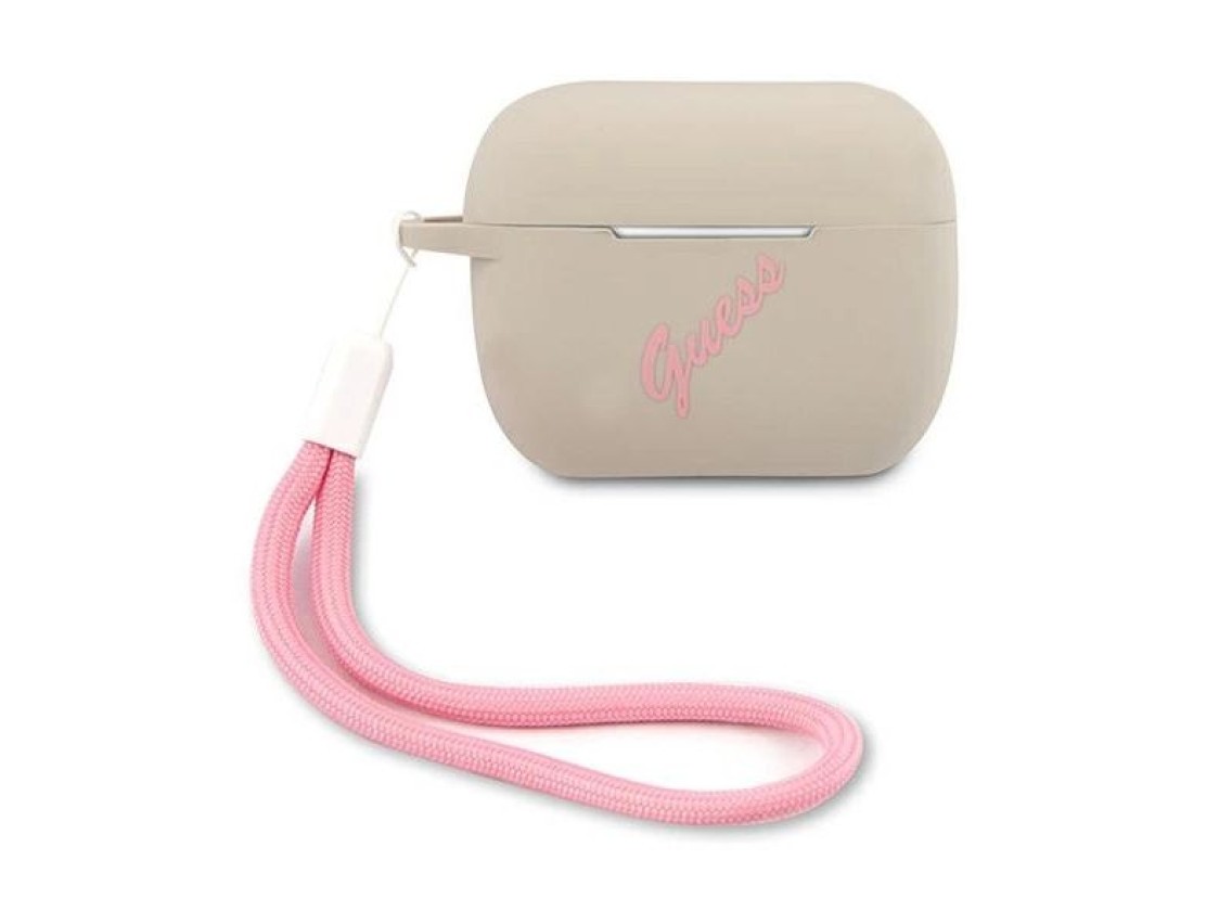 Capa Guess GUACAPLSVSGP para AirPods Pro, em silicone vintage cinza e rosa.