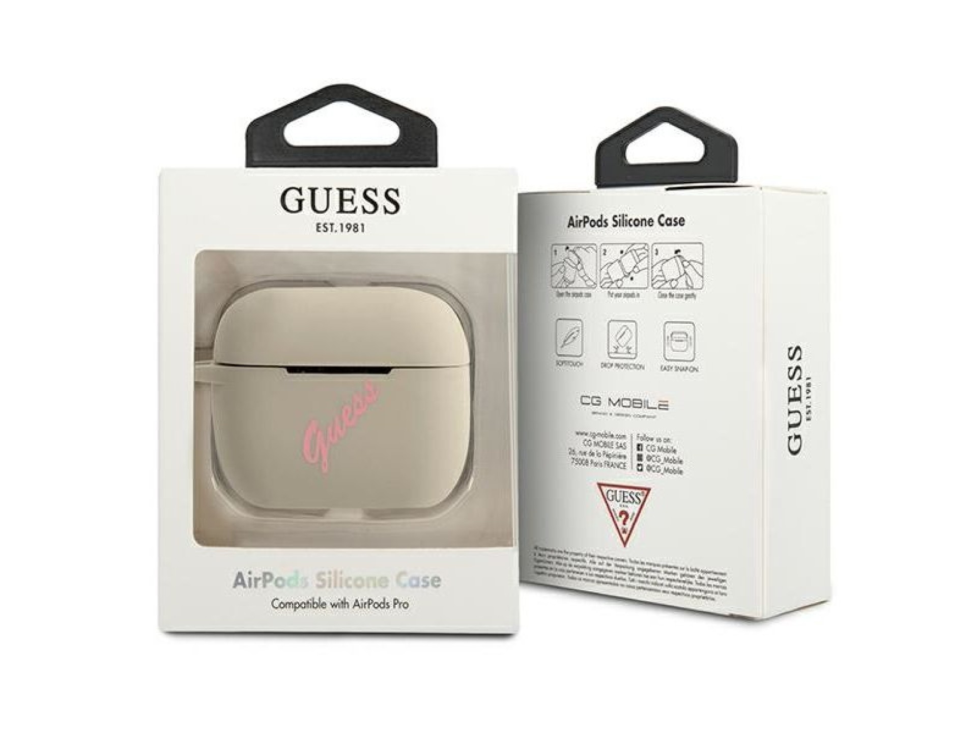 Capa Guess GUACAPLSVSGP para AirPods Pro, em silicone vintage cinza e rosa.