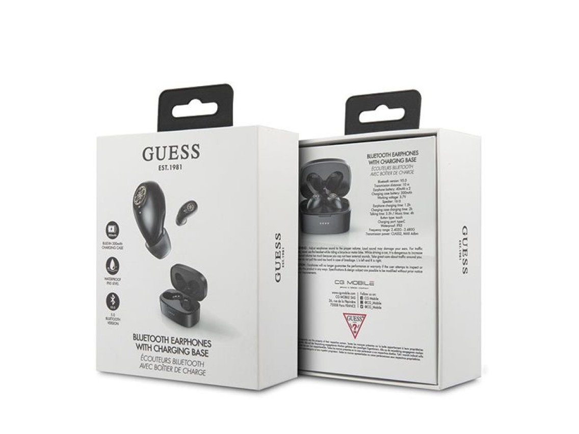 Auriculares Bluetooth TWS Guess GUTWSJL4GBK + base de carga 4G negra/negra