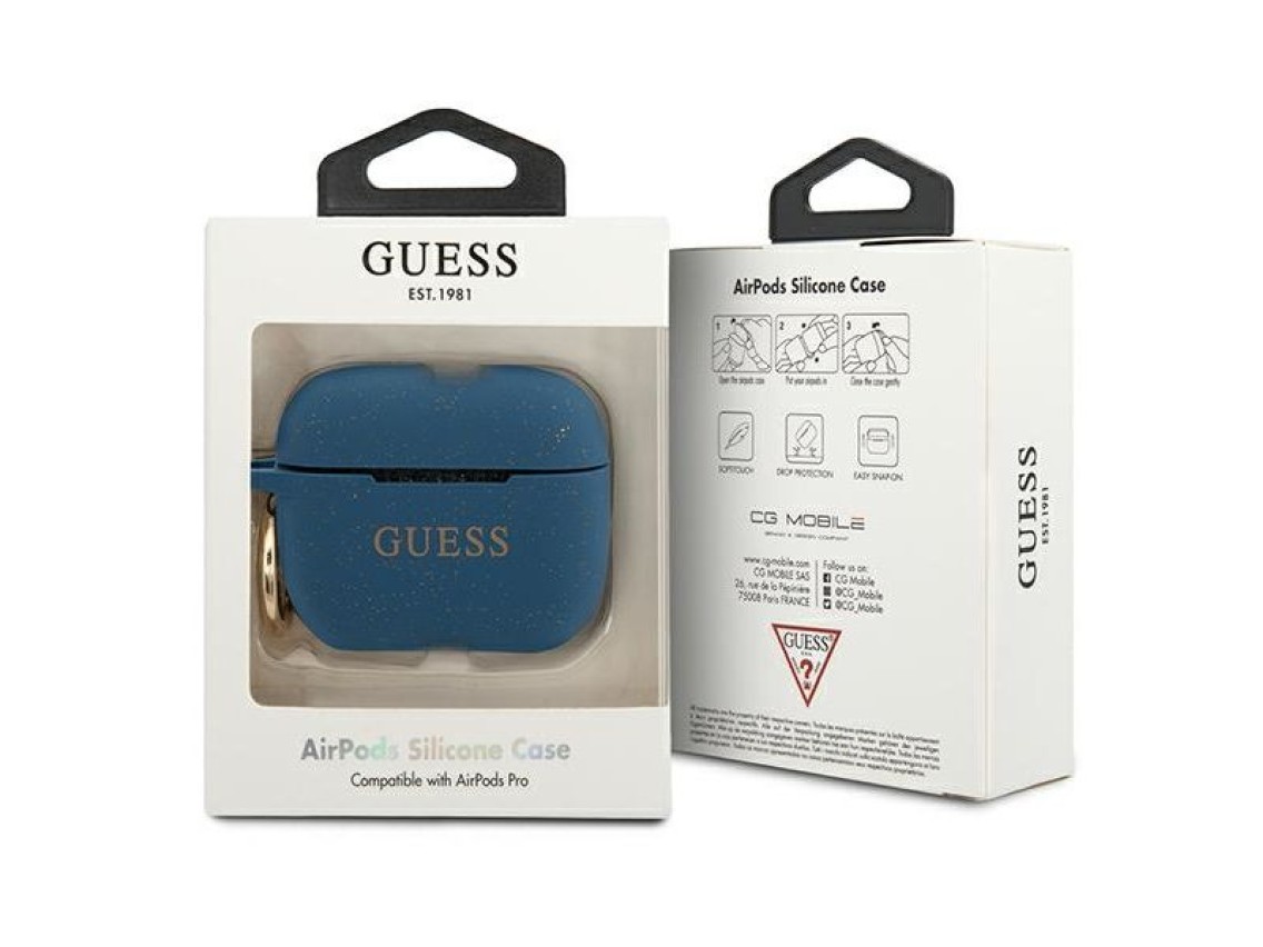 Capa para AirPods Pro Guess GUACAPSILGLBL em silicone com glitter azul.