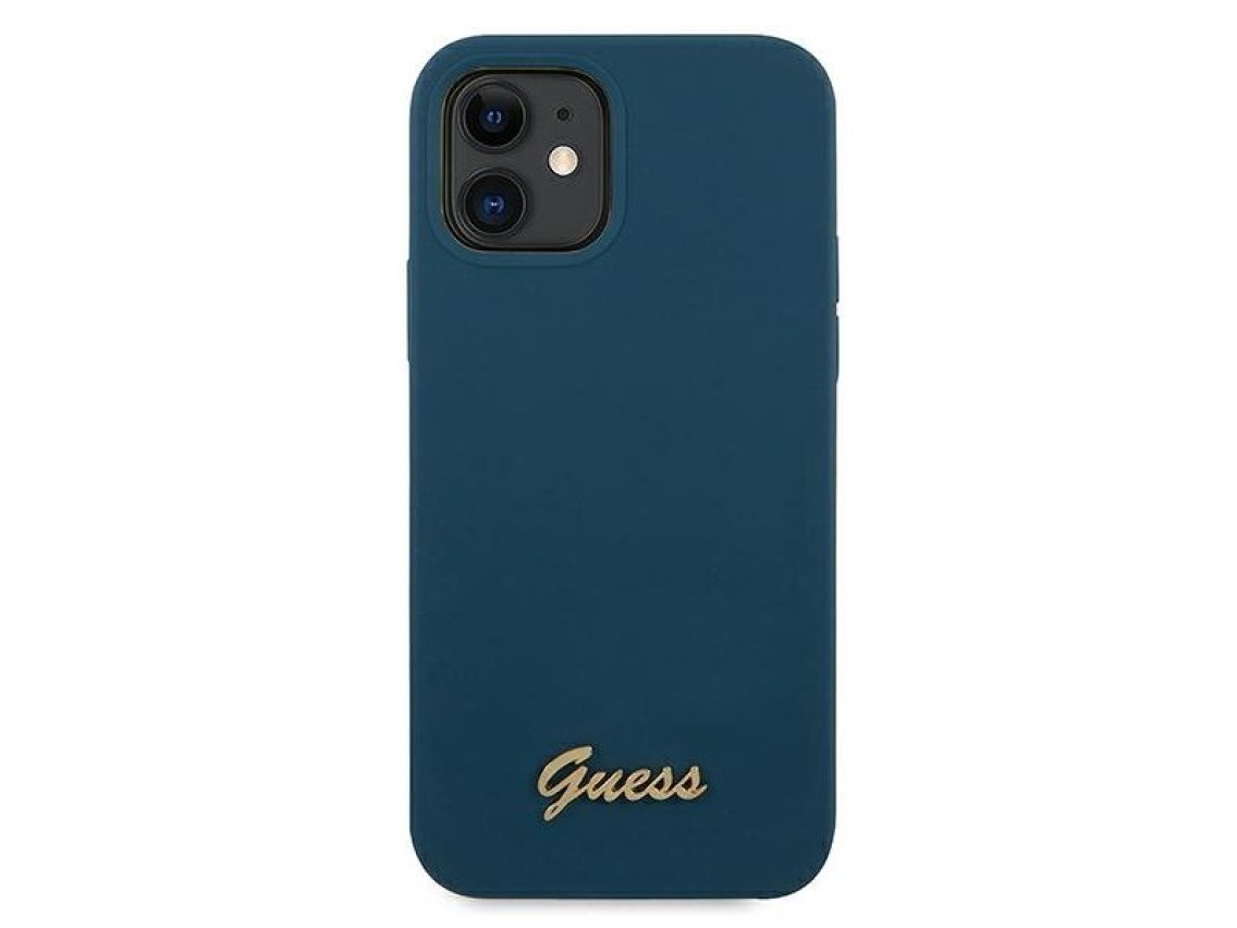 Capa rígida Guess GUHCP12SLSLMGBL para iPhone 12 mini 5.4" azul/azul com logo em estilo manuscrito.