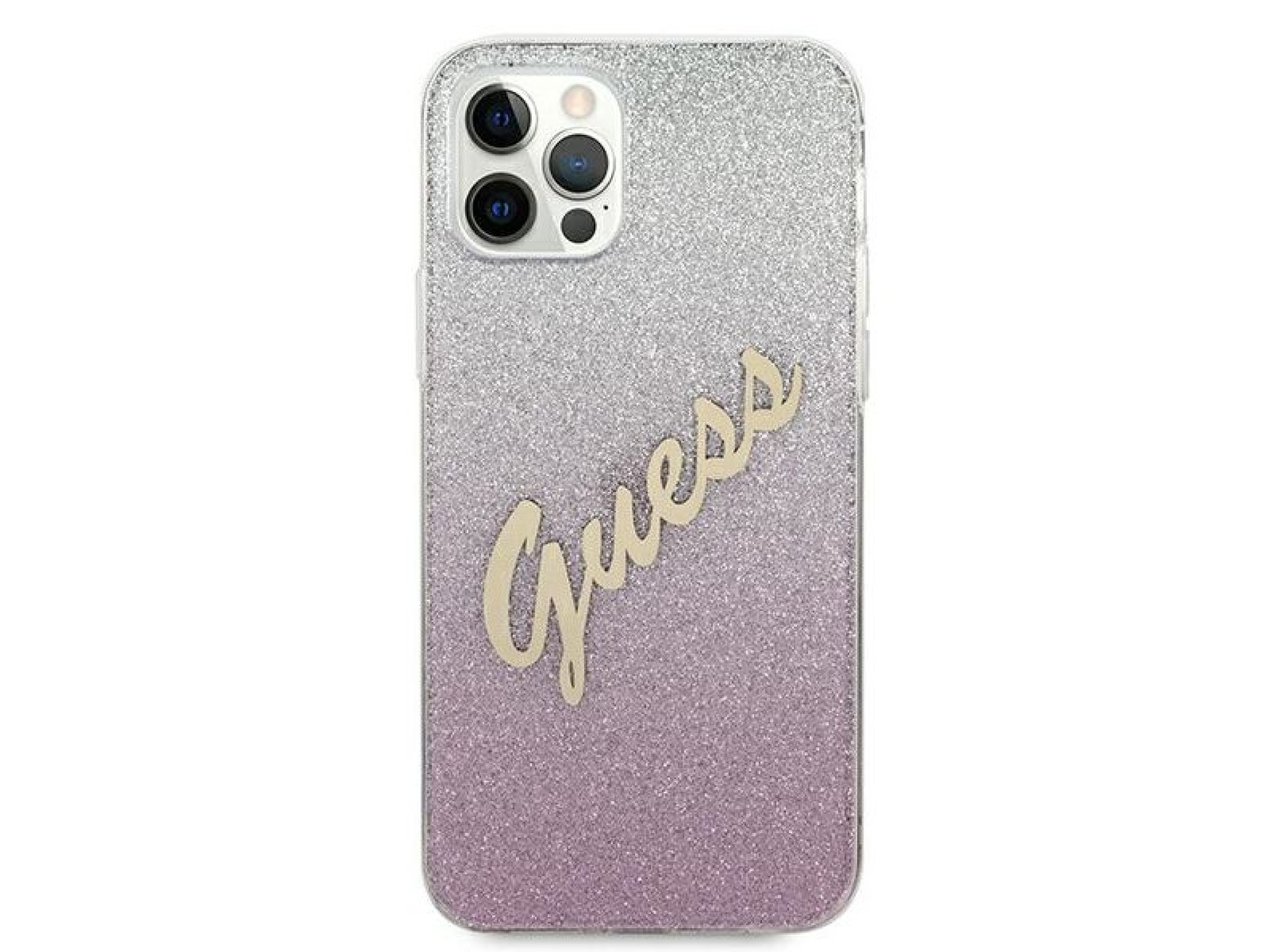 Capa rígida rosa/rosa com glitter e inscrição em degradê da Guess (GUHCP12LPCUGLSPI) para iPhone 12
