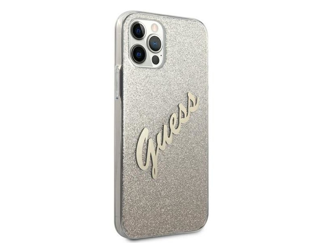 Capa rígida dourada/dourada Guess GUHCP12LPCUGLSGO para iPhone 12 Pro Max 6.7" com glitter e inscriç