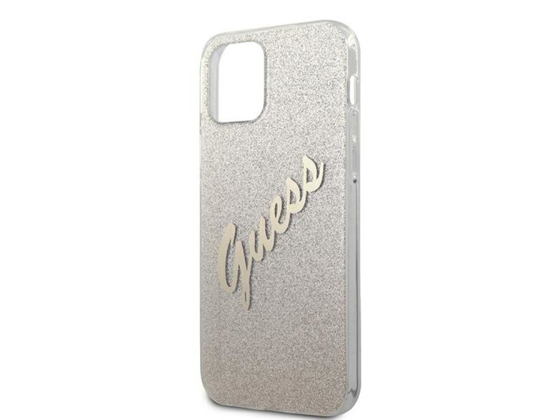 Capa rígida dourada/dourada Guess GUHCP12LPCUGLSGO para iPhone 12 Pro Max 6.7" com glitter e inscriç