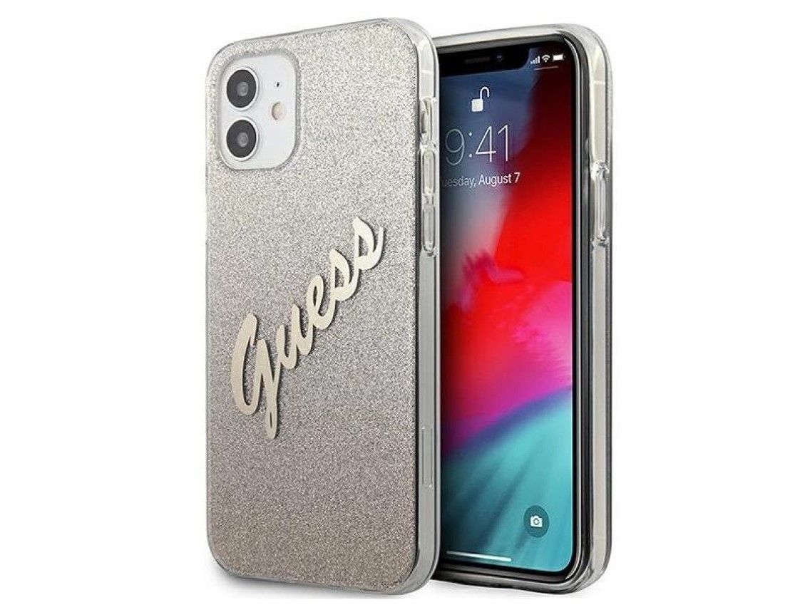 Capa rígida dourada/dourada com glitter e efeito degradê. Guess GUHCP12SPCUGLSGO para iPhone 12 mini