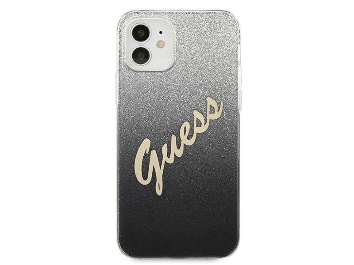 Capa rígida preta com glitter degradê e escrita "GUHCP12SPCUGLSBK" para iPhone 12 mini de 5,4".