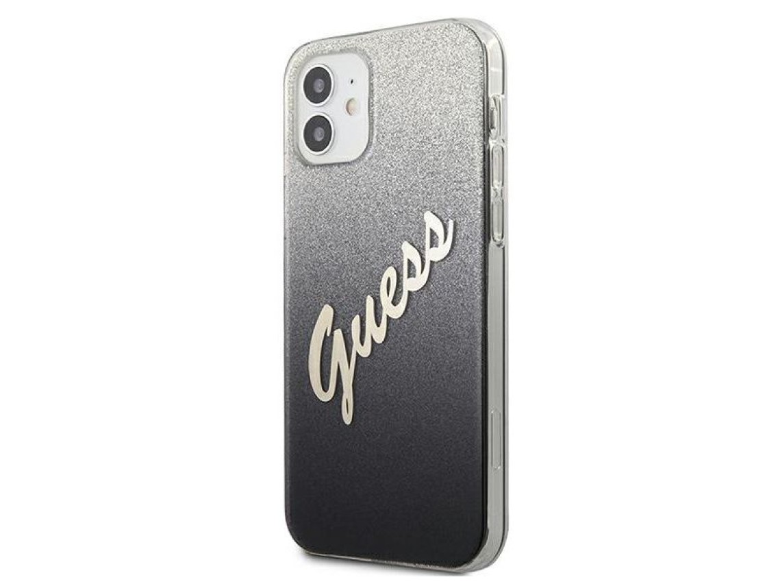 Capa rígida preta com glitter degradê e escrita "GUHCP12SPCUGLSBK" para iPhone 12 mini de 5,4".