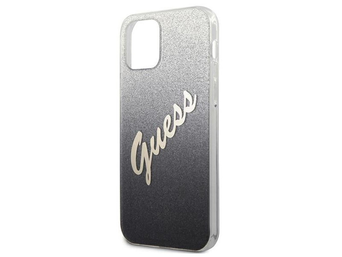 Capa rígida preta com glitter degradê e escrita "GUHCP12SPCUGLSBK" para iPhone 12 mini de 5,4".