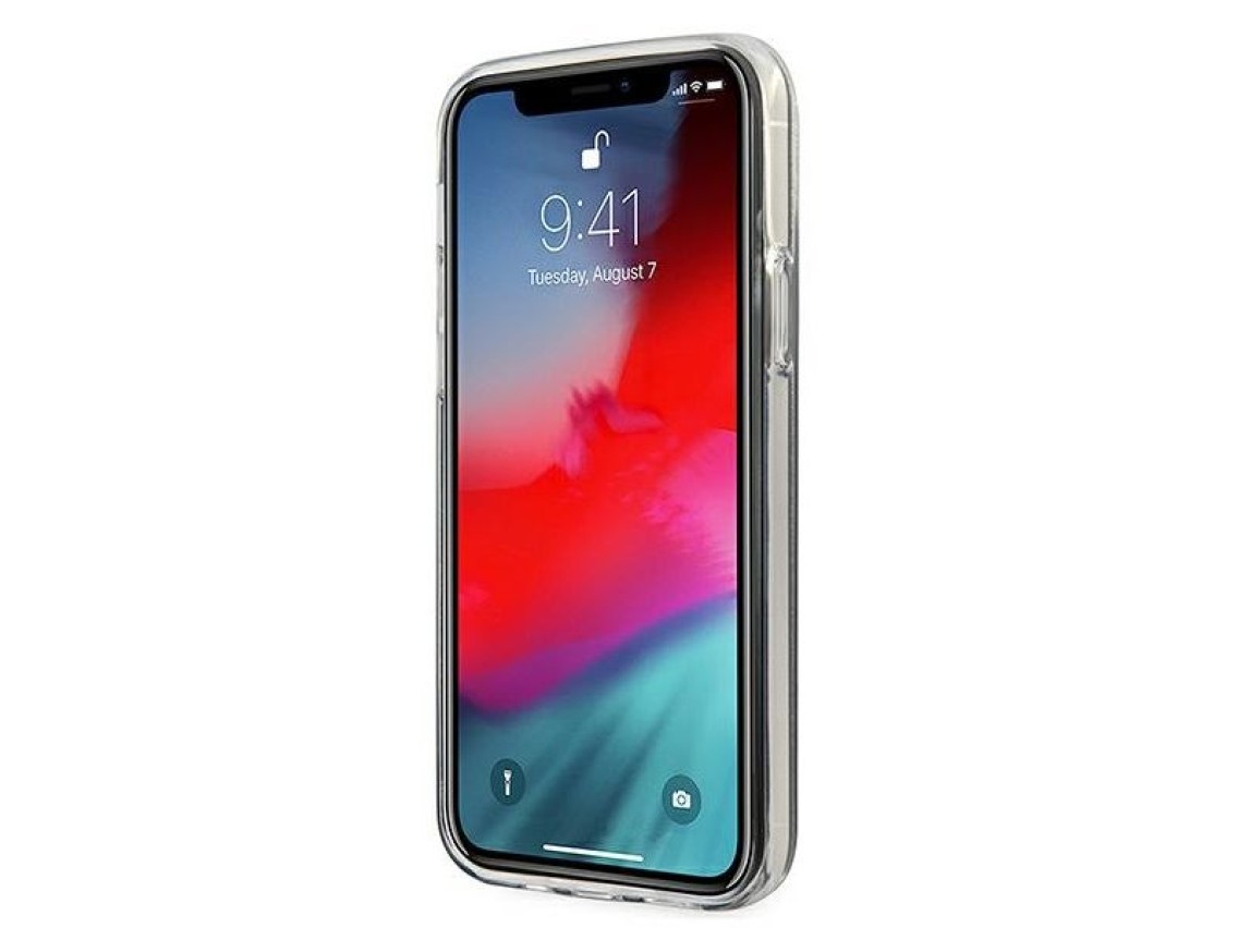 Capa rígida preta com glitter degradê e escrita "GUHCP12SPCUGLSBK" para iPhone 12 mini de 5,4".