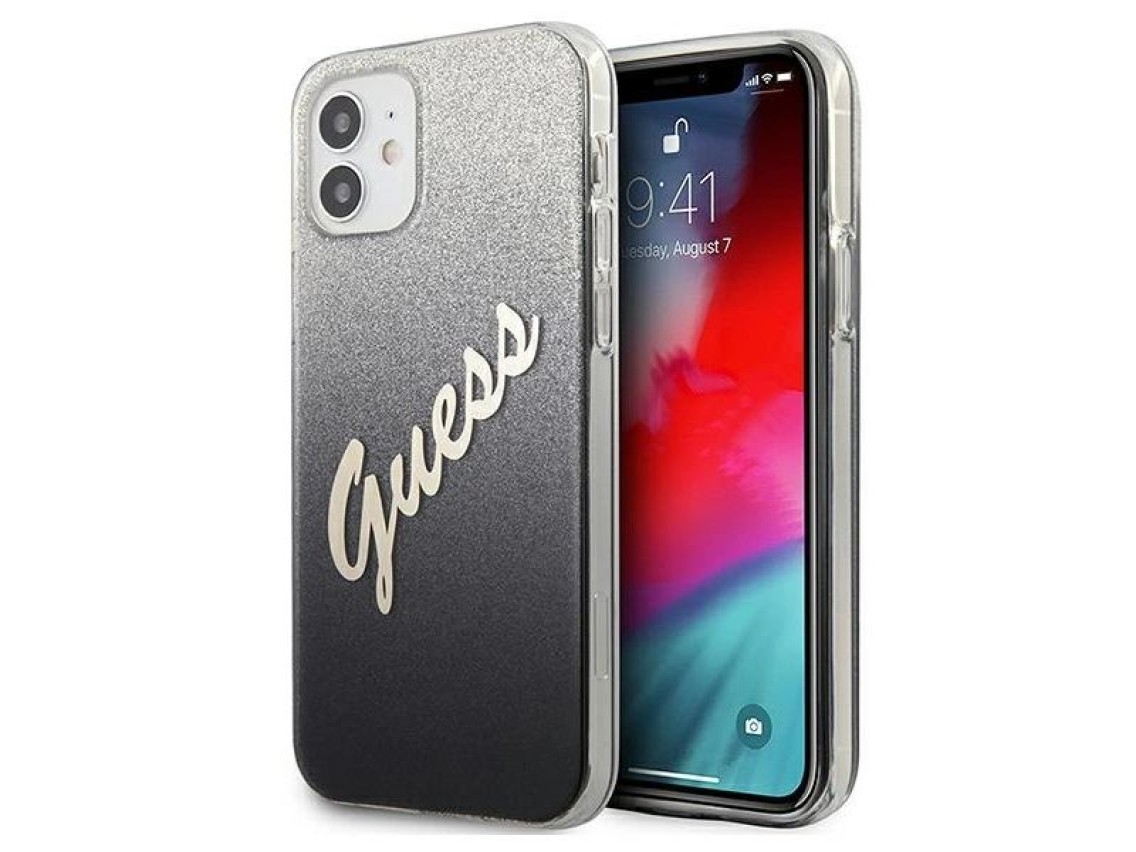 Capa rígida preta com glitter degradê e escrita "GUHCP12SPCUGLSBK" para iPhone 12 mini de 5,4".
