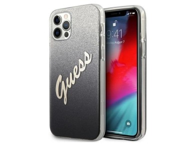 Capa r�gida preta com glitter degrad� e escrita "Guess GUHCP12MPCUGLSBK iPhone 12/12 Pro 6.1"
