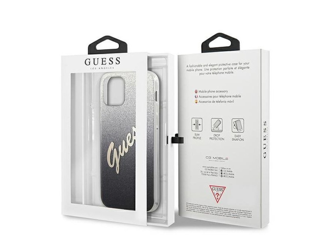 Capa rígida preta com glitter degradê e escrita "GUHCP12SPCUGLSBK" para iPhone 12 mini de 5,4".