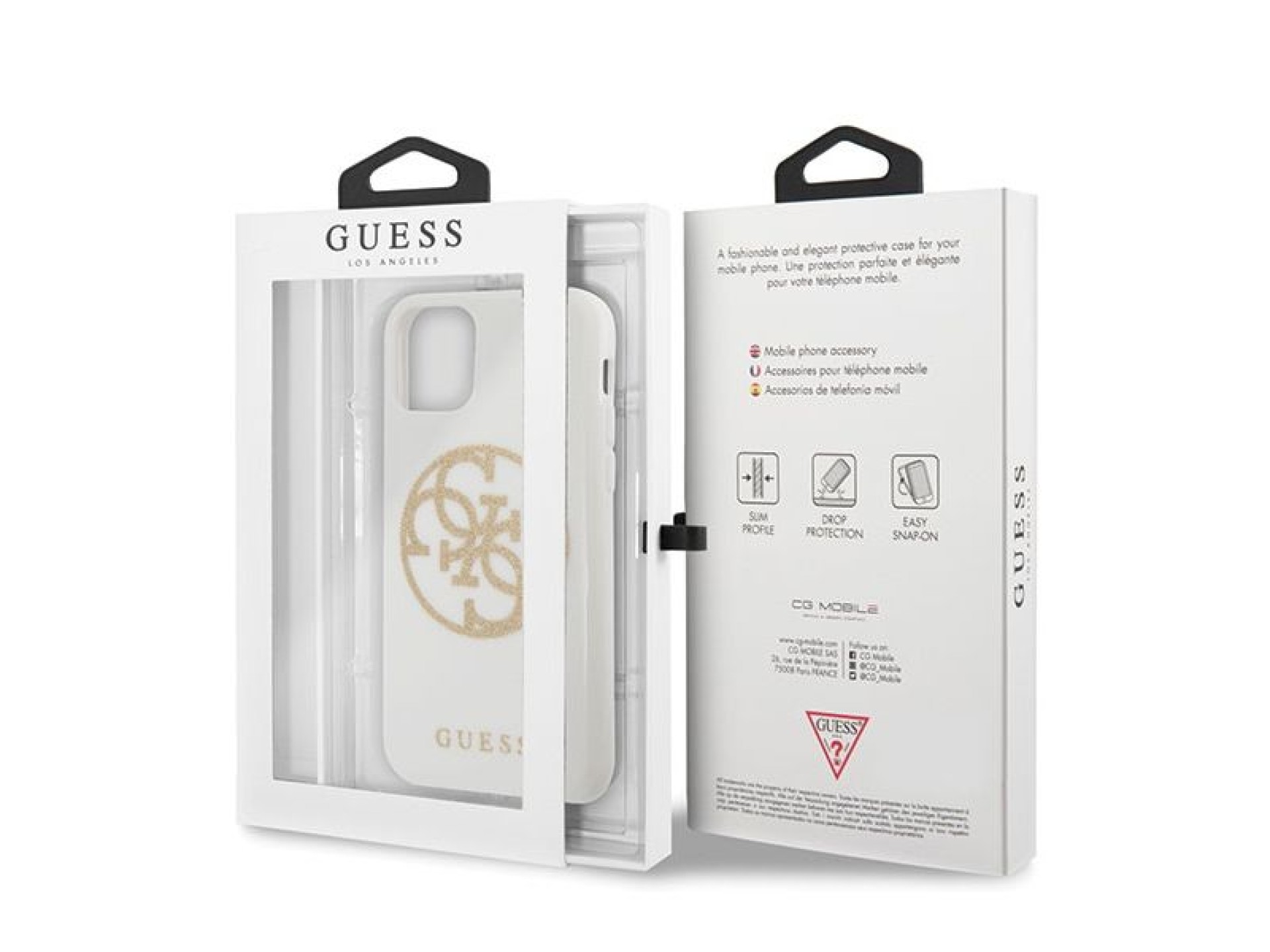 Capa rígida branca/branca com glitter e logo 4G da Guess para iPhone 11 Pro Max.
