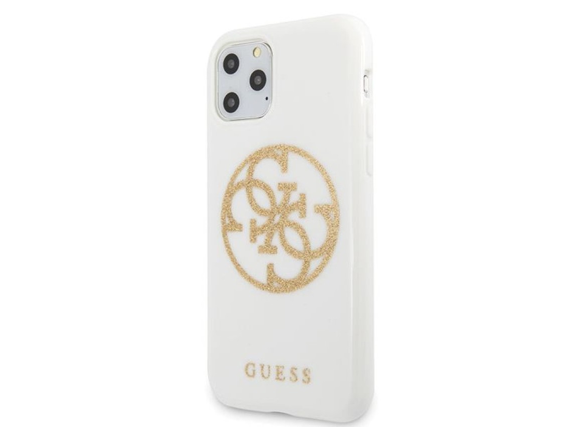 Capa rígida branca/branca com glitter e logo 4G da Guess para iPhone 11 Pro Max.