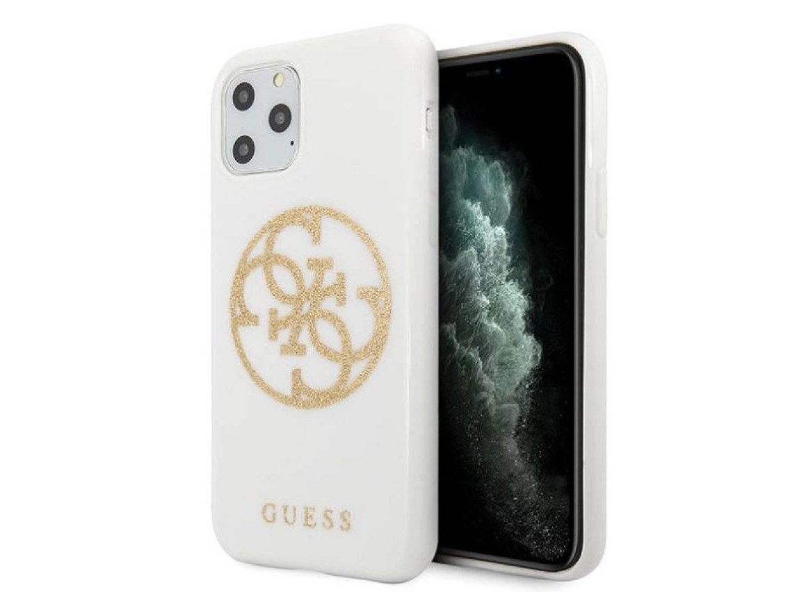 Capa rígida branca/branca com glitter e logo 4G da Guess para iPhone 11 Pro Max.