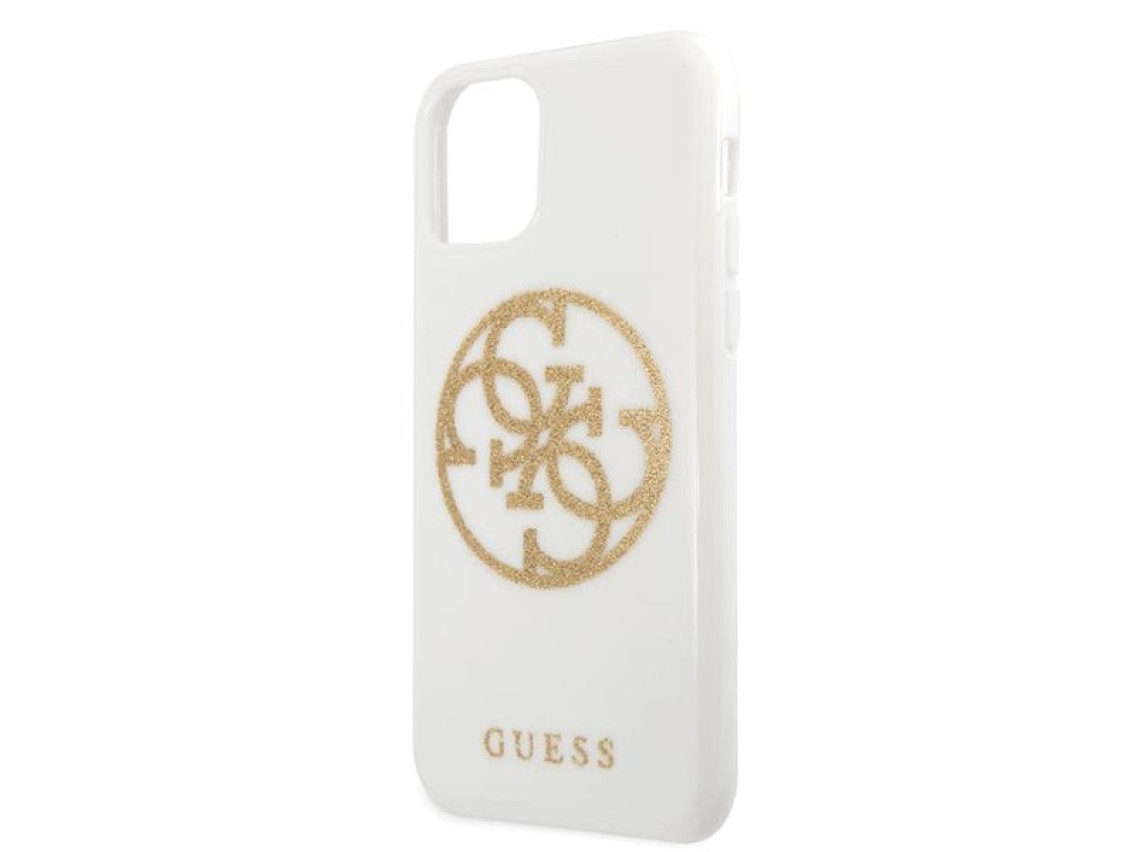 Capa rígida branca/branca com glitter e logo 4G da Guess para iPhone 11 Pro Max.