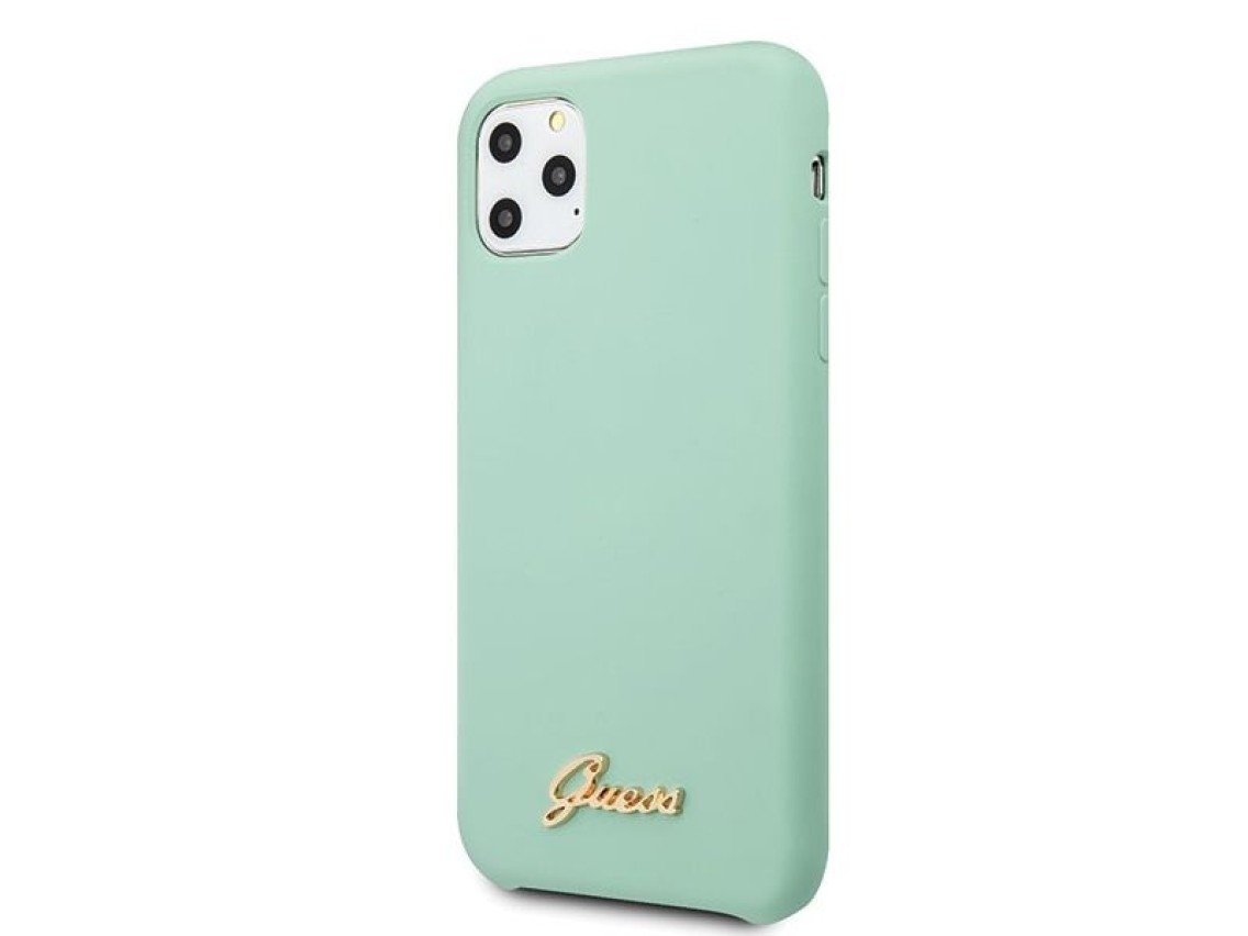 Capa rígida de silicone verde/verde com logo dourado vintage da Guess para iPhone 11 Pro Max (GUHCN6