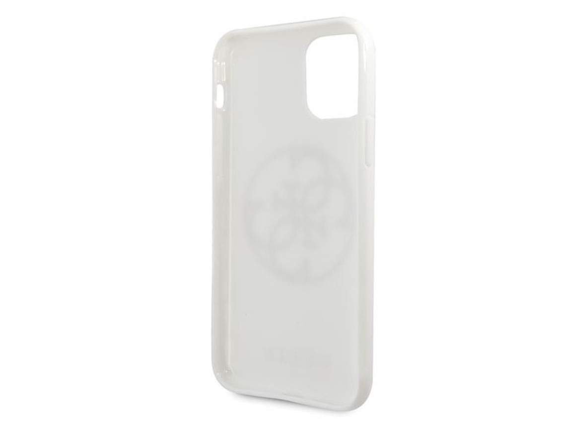 Capa rígida branca/branca com glitter e logo 4G da Guess para iPhone 11 Pro Max.