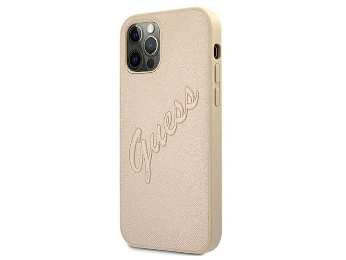 Capa rígida dourada/dourada com estampa Saffiano Vintage Script para iPhone 12/12 Pro de 6,1" da Gue