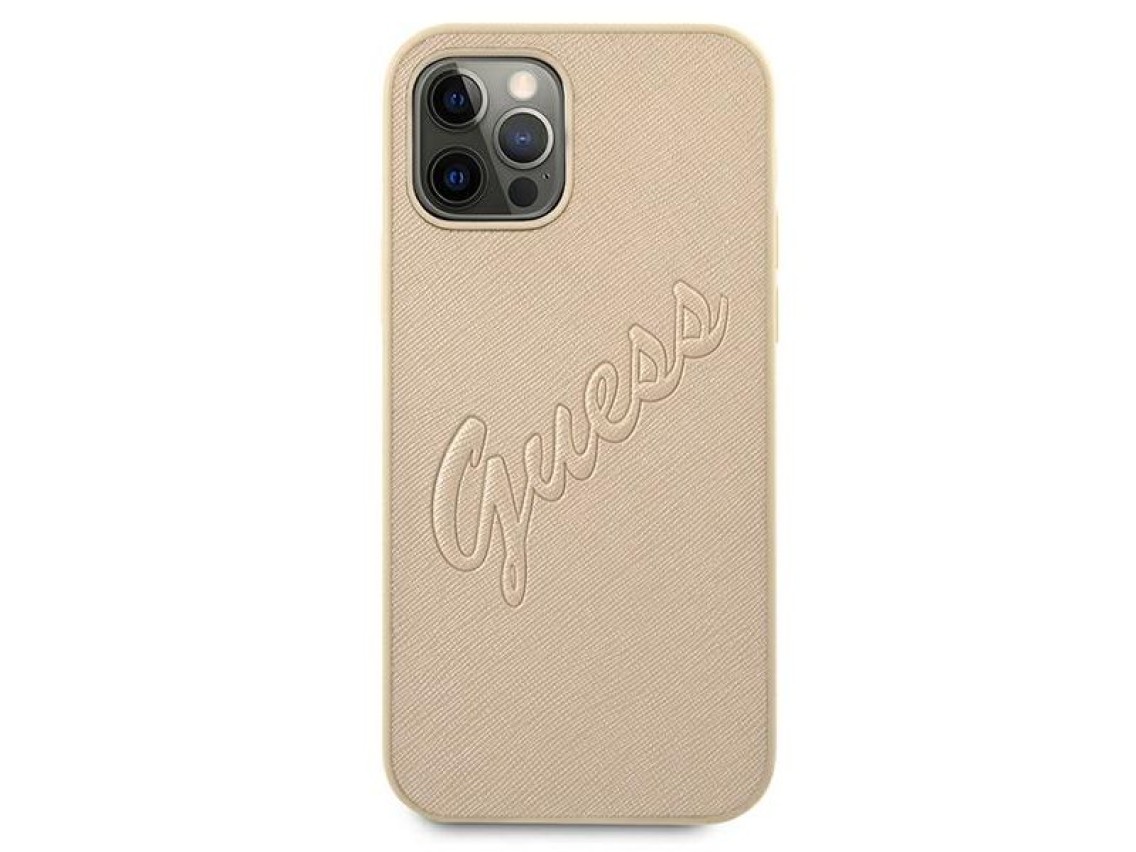 Capa rígida dourada/dourada com estampa Saffiano Vintage Script para iPhone 12/12 Pro de 6,1" da Gue