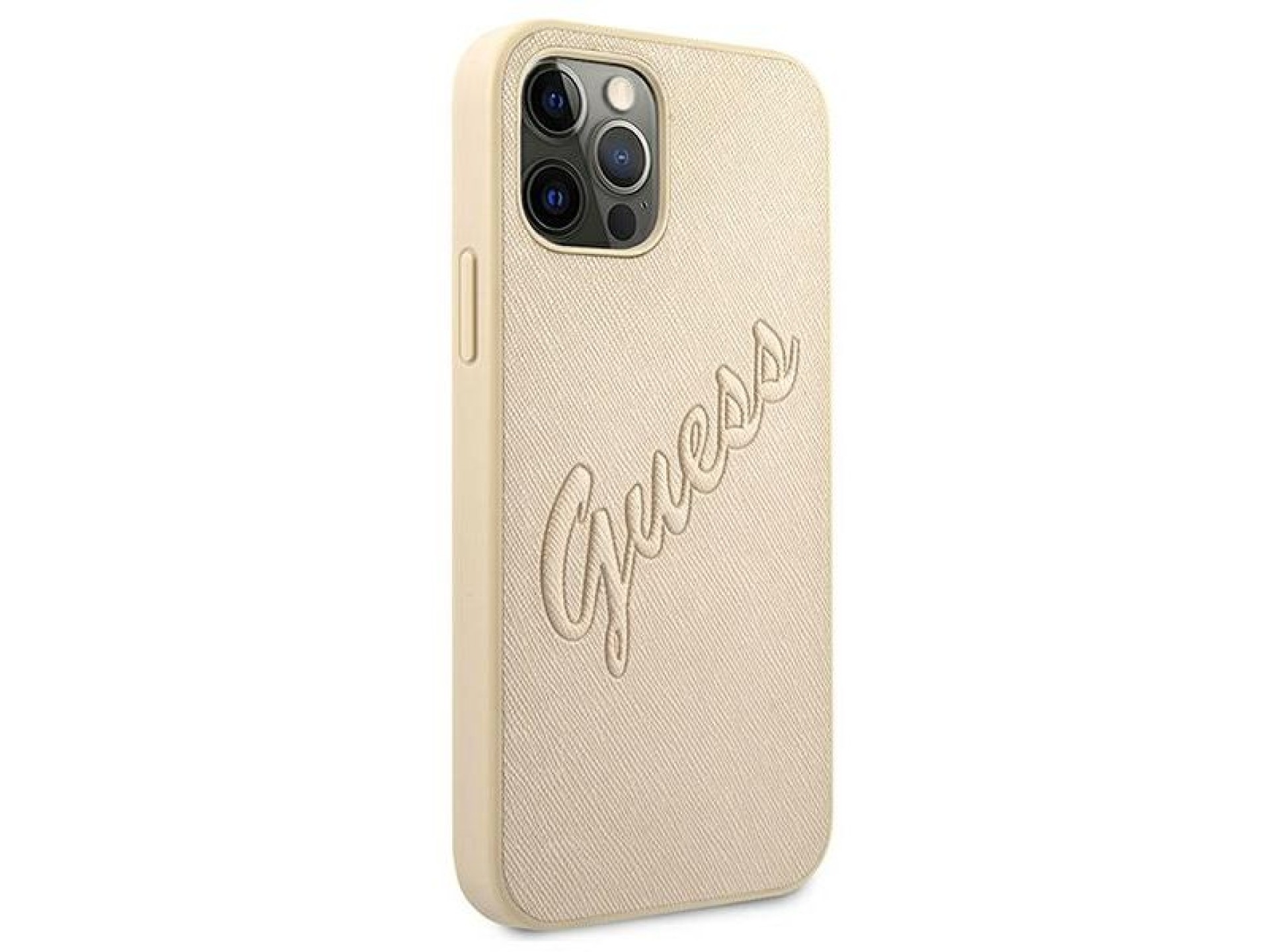 Capa rígida dourada/dourada com estampa Saffiano Vintage Script para iPhone 12/12 Pro de 6,1