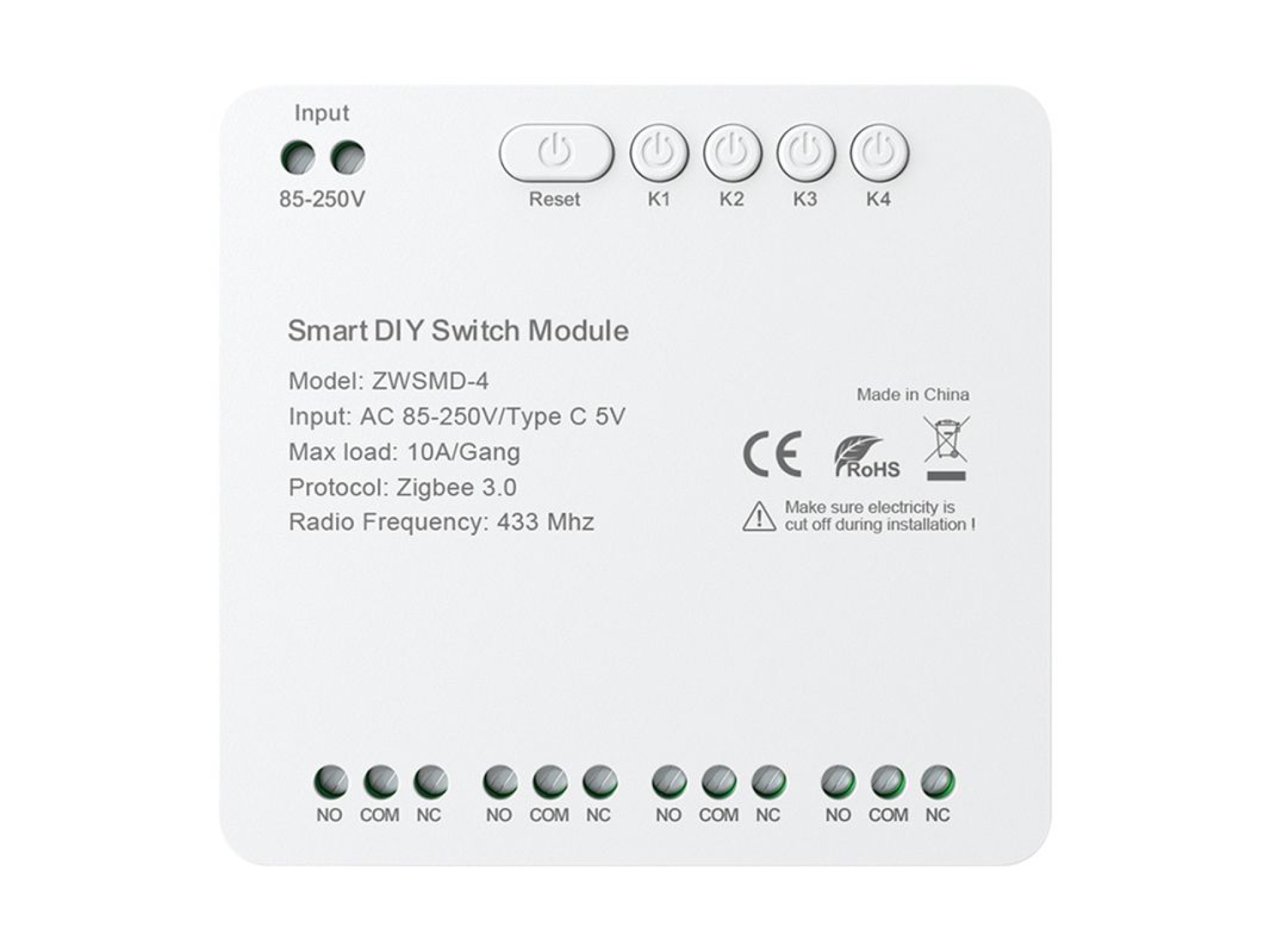 Módulo de conmutación ZigBee de 4 canales con contacto CC de 32 V sin tensión Avatto ZWSMMD-4-250V