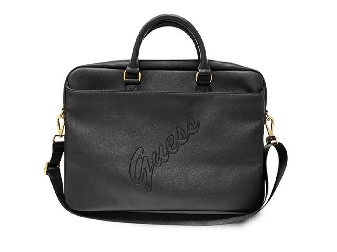 Bolsa Guess Saffiano Script para laptop de 16" - preta