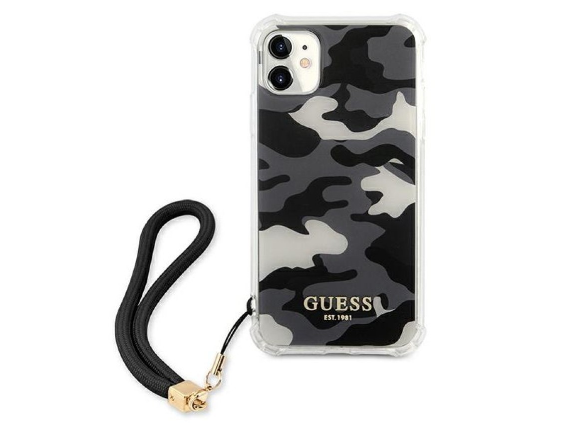Capa rígida preta/preta Guess GUHCN61KSARBK para iPhone 11 6.1" / Xr, coleção Camuflada