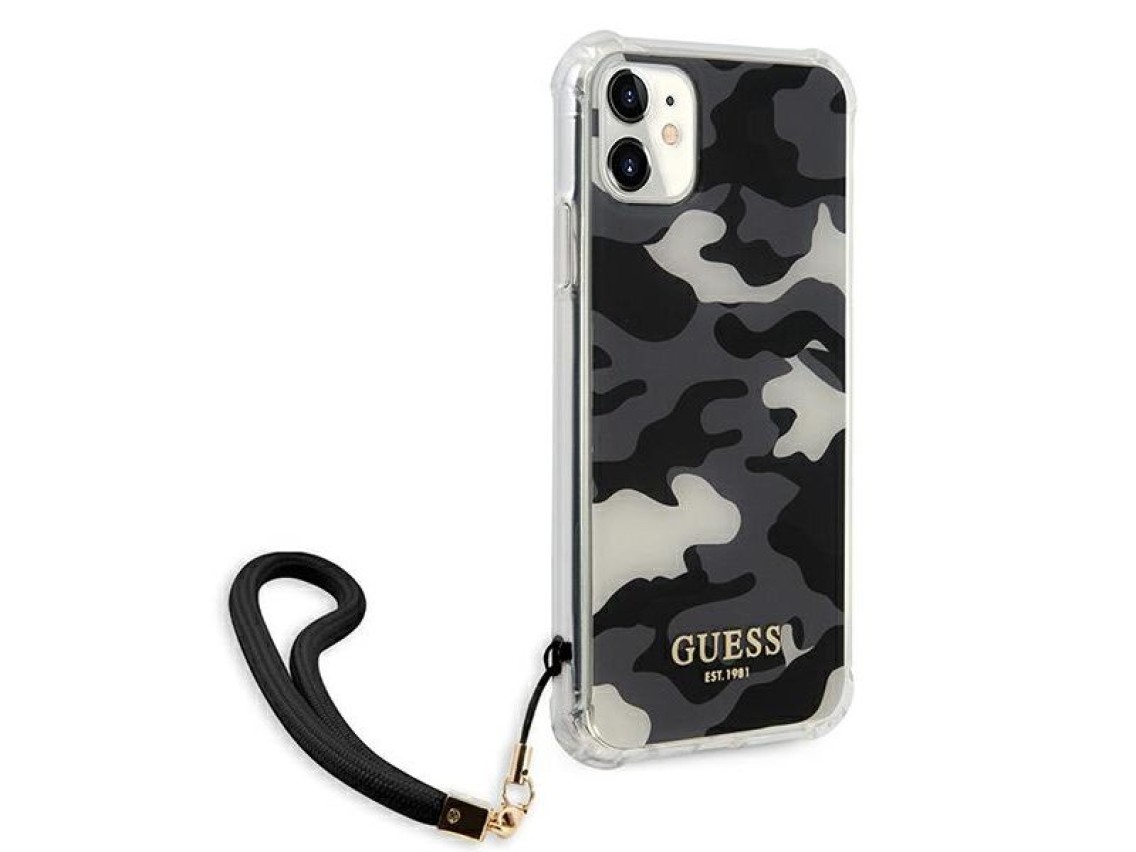 Capa rígida preta/preta Guess GUHCN61KSARBK para iPhone 11 6.1" / Xr, coleção Camuflada