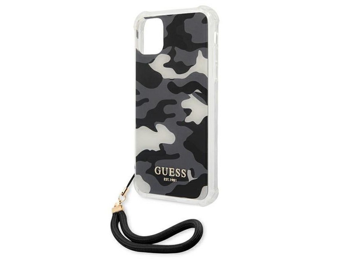 Capa rígida preta/preta Guess GUHCN61KSARBK para iPhone 11 6.1" / Xr, coleção Camuflada