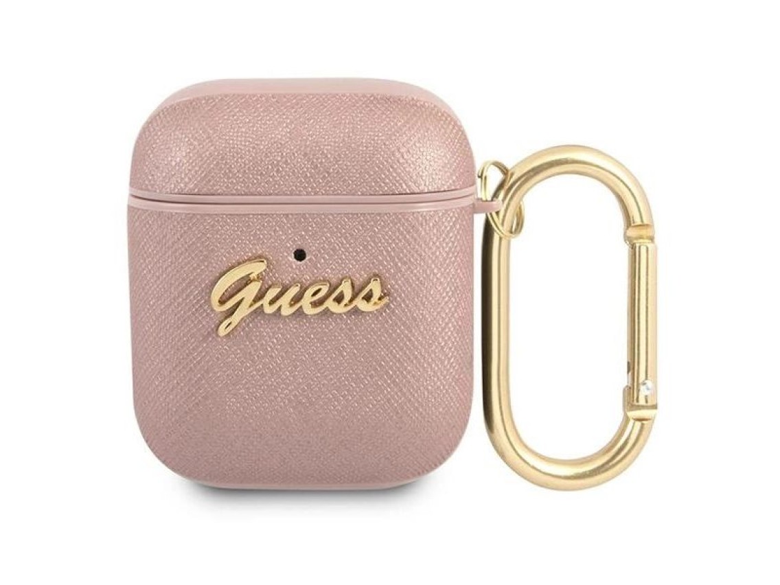 Capa para AirPods Guess GUA2SASMP rosa/rosa com estampa Saffiano Script Metal Collection