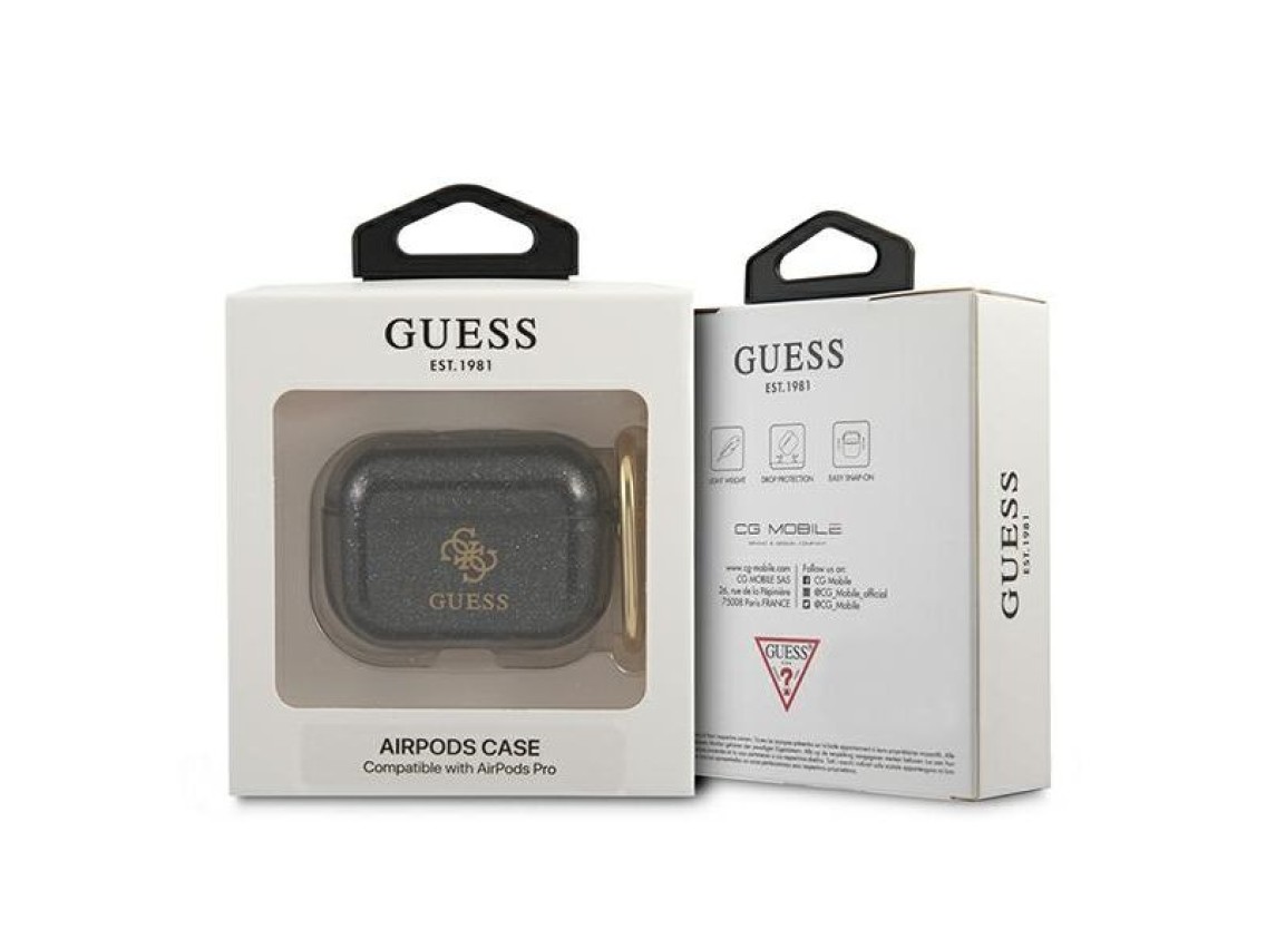 Capa para AirPods Pro Guess GUAPUCG4GK, preta/preta com glitter.