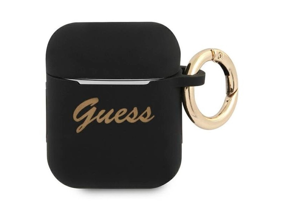 Capa para AirPods Guess GUA2SSSK, preta/preta, em silicone com escrita vintage.