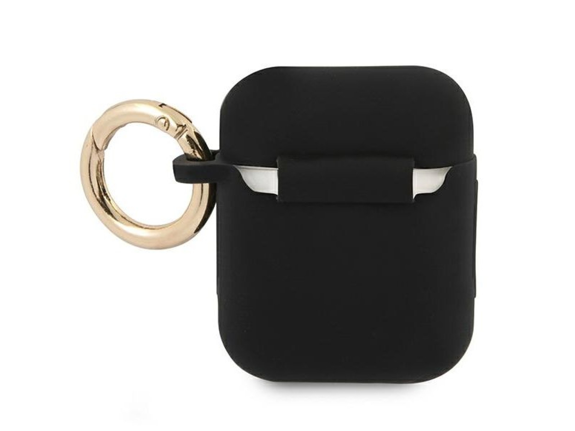 Capa para AirPods Guess GUA2SSSK, preta/preta, em silicone com escrita vintage.