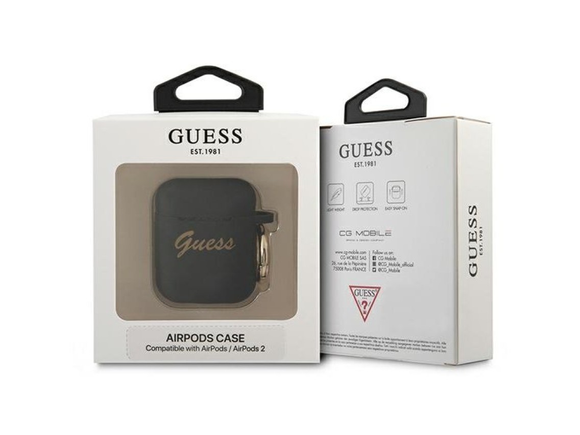 Capa para AirPods Guess GUA2SSSK, preta/preta, em silicone com escrita vintage.