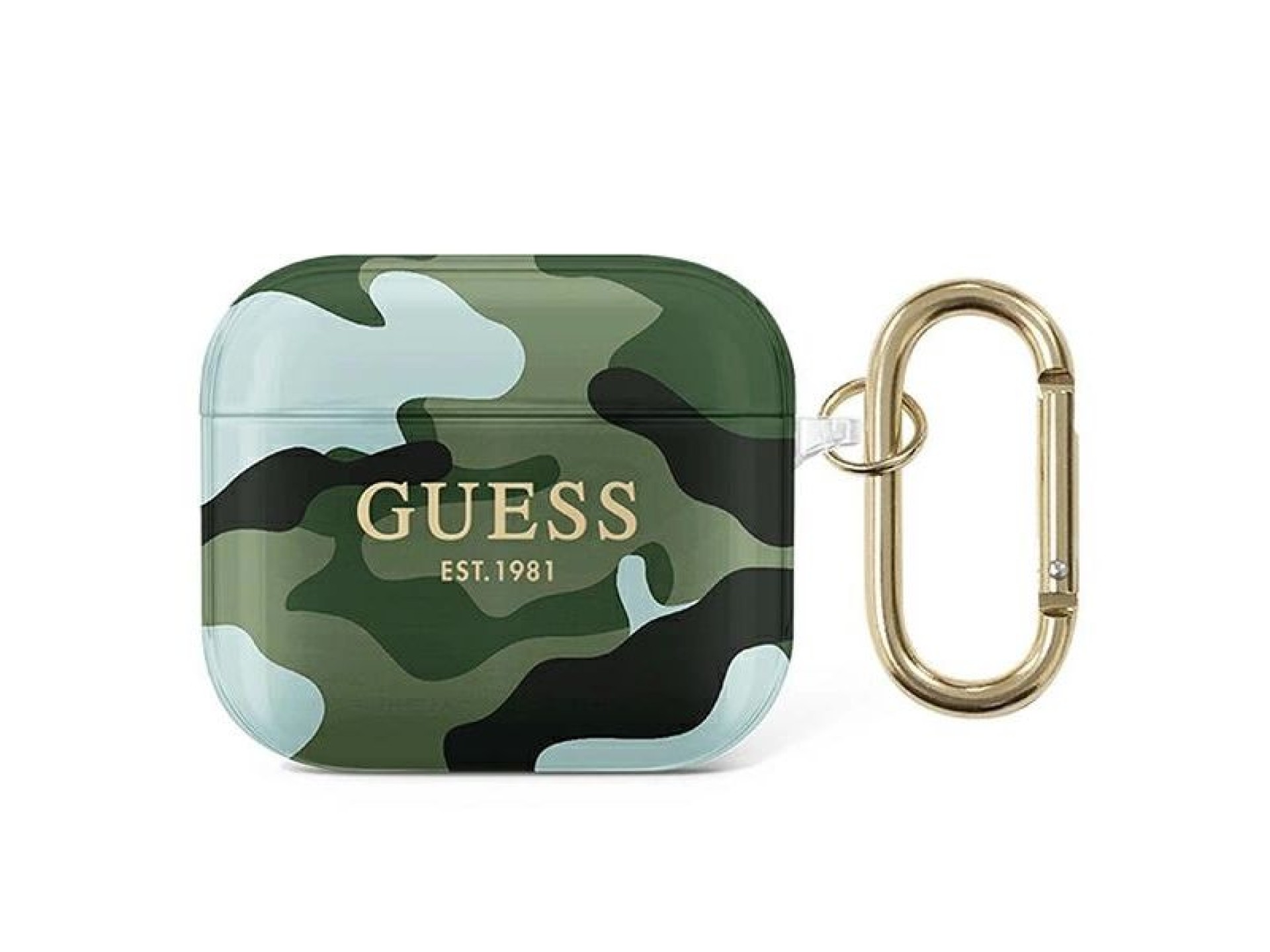 Funda Guess GUA3UCAMA para AirPods 3, colección camuflaje verde/caqui.
