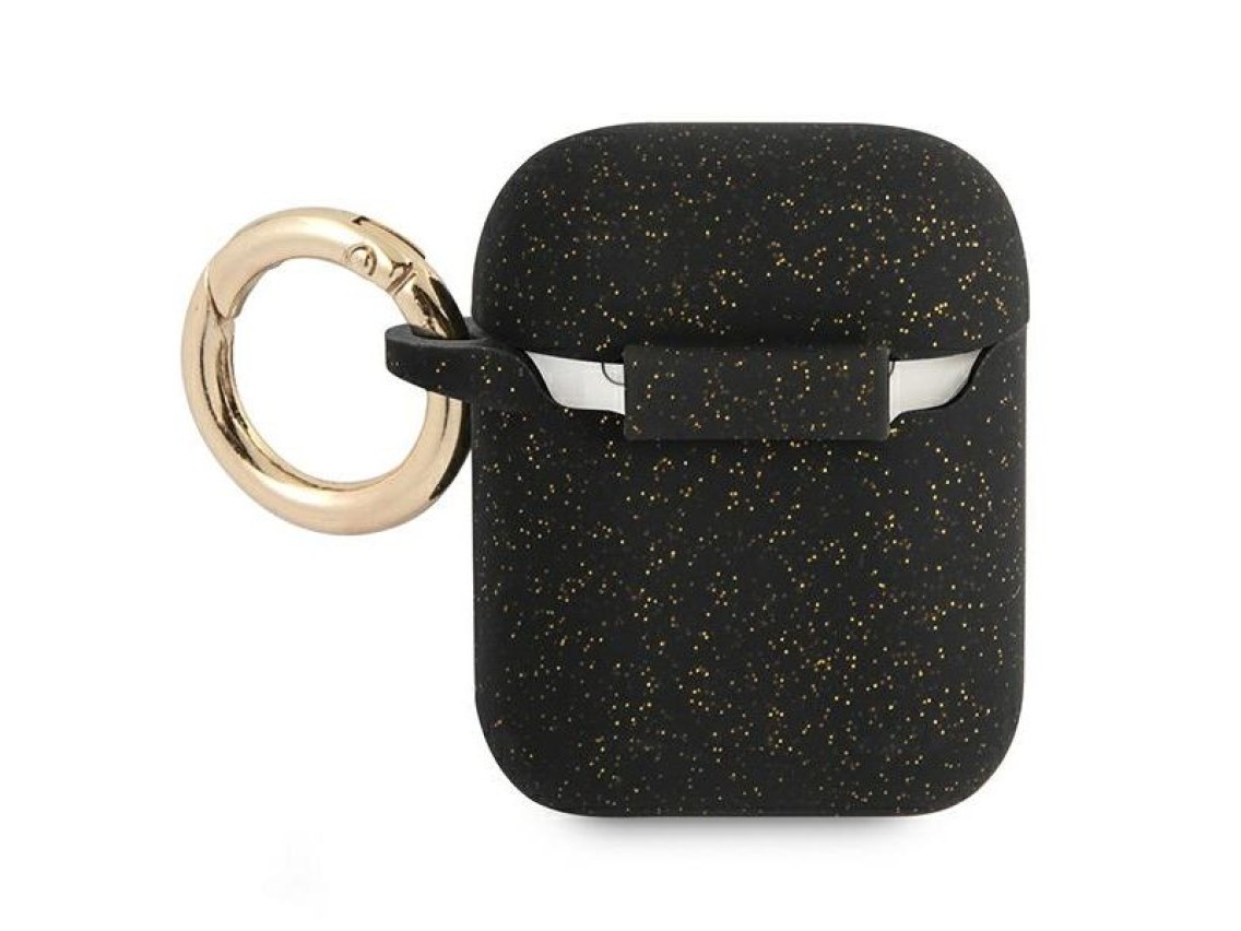 Capa para AirPods Guess GUA2SGGEK, preta/preta, de silicone com glitter.