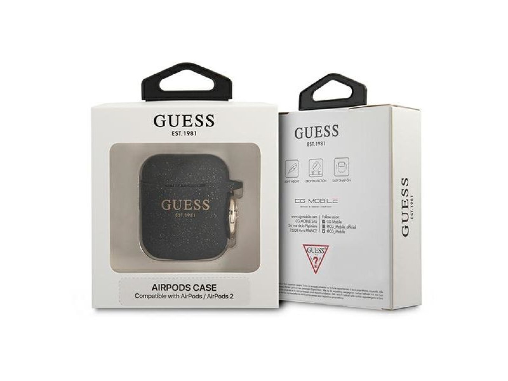 Capa para AirPods Guess GUA2SGGEK, preta/preta, de silicone com glitter.